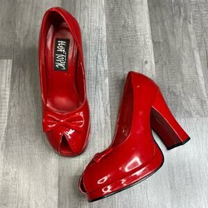 Vintage Hot Topic Red Faux Leather Platform Peep Toe Heels Pumps Pin Up